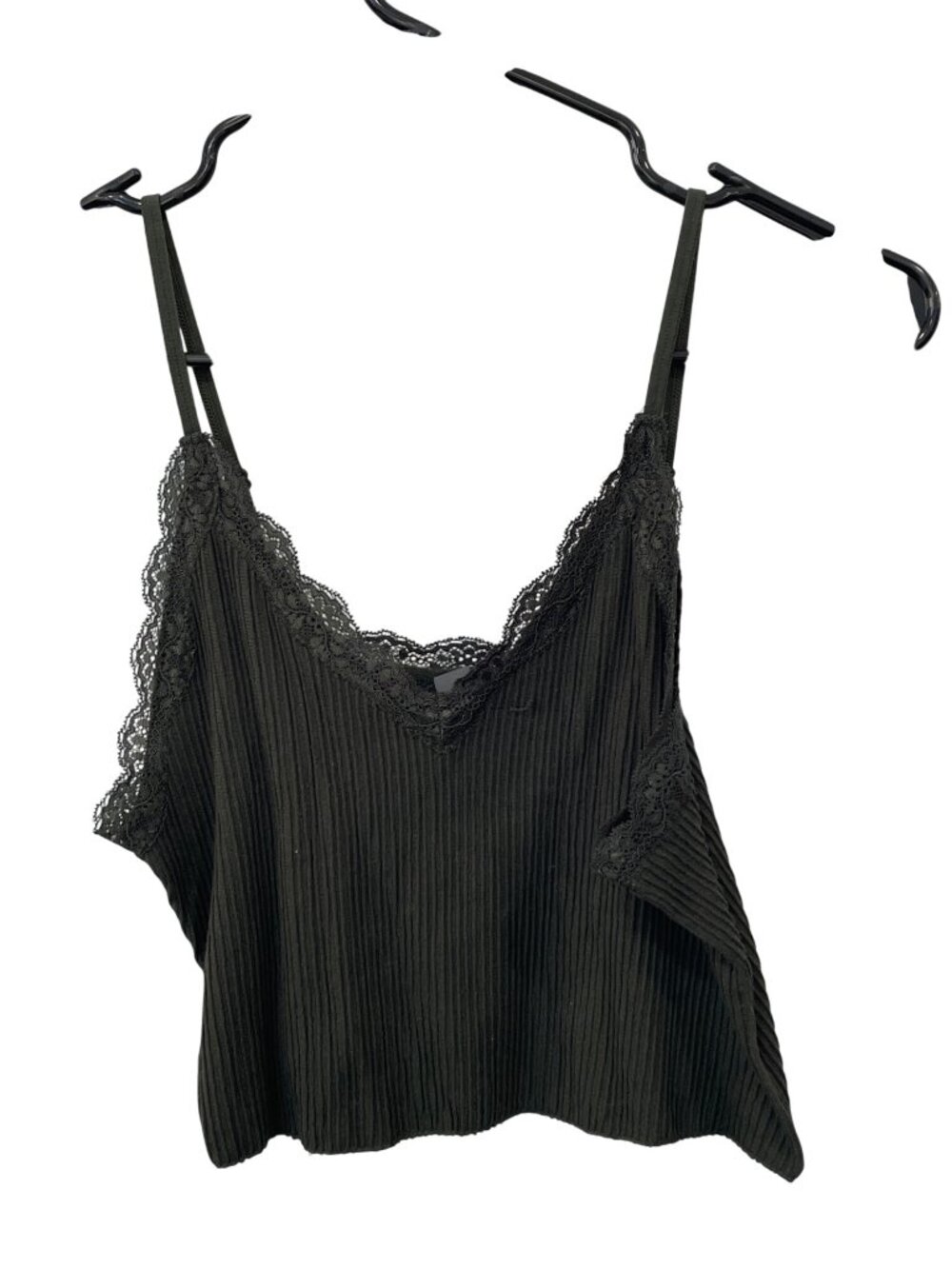ALYA Camisole Large Lace Trim V Neck Ribbed Sleeveless Cropped Top Dark Green